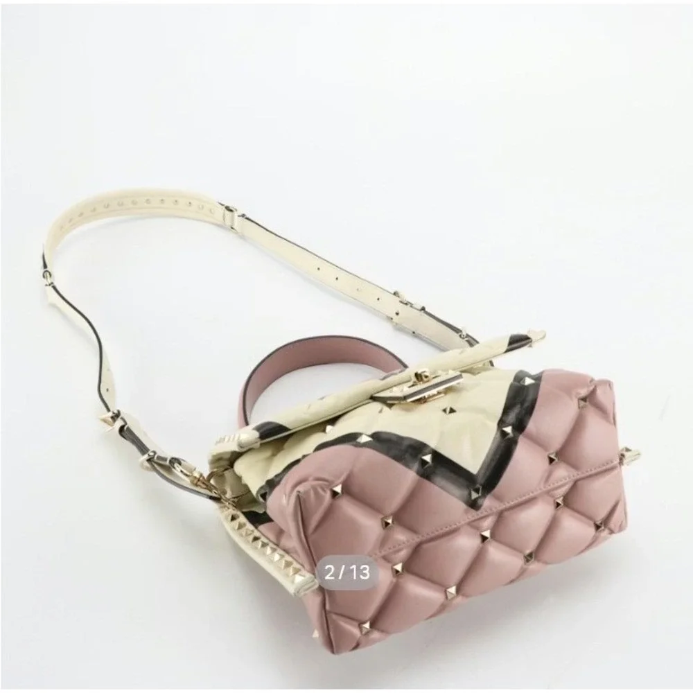 Valentino Garavani Candystud Top Handle Purse Pink Beige Black Leather Studded